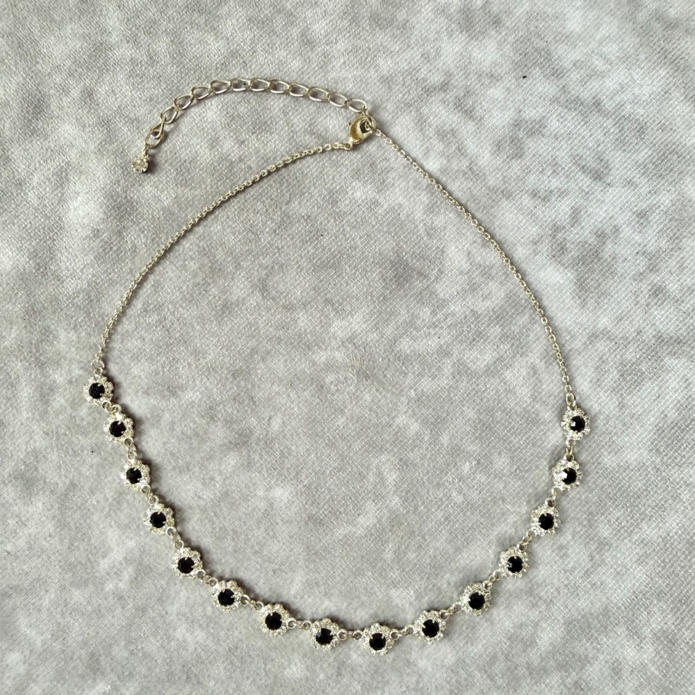 Vtg Black Clear Rhinestone Floral Silver Chocker Necklace Whimsygoth 90s Y2K